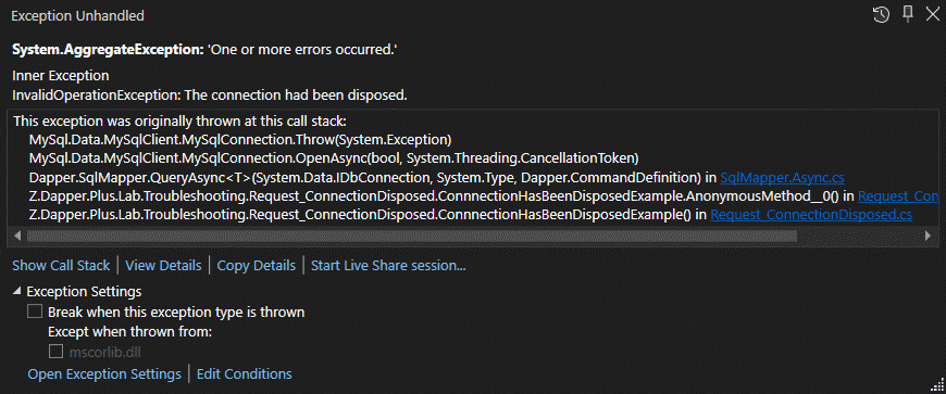 Exception - The connection had been disposed.